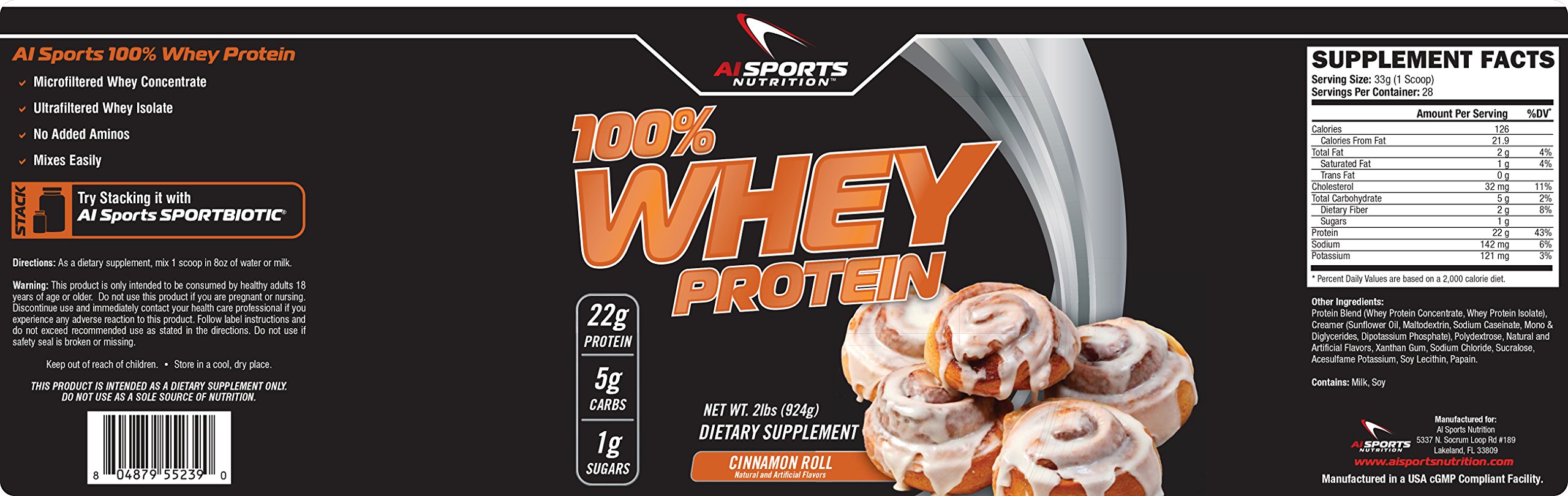100% Whey Cinnamon Roll Protein Powder by AI Sports Nutrition | 100% Whey Protein 2 lbs (28 Servings) Amazing Cinnamon Flavor