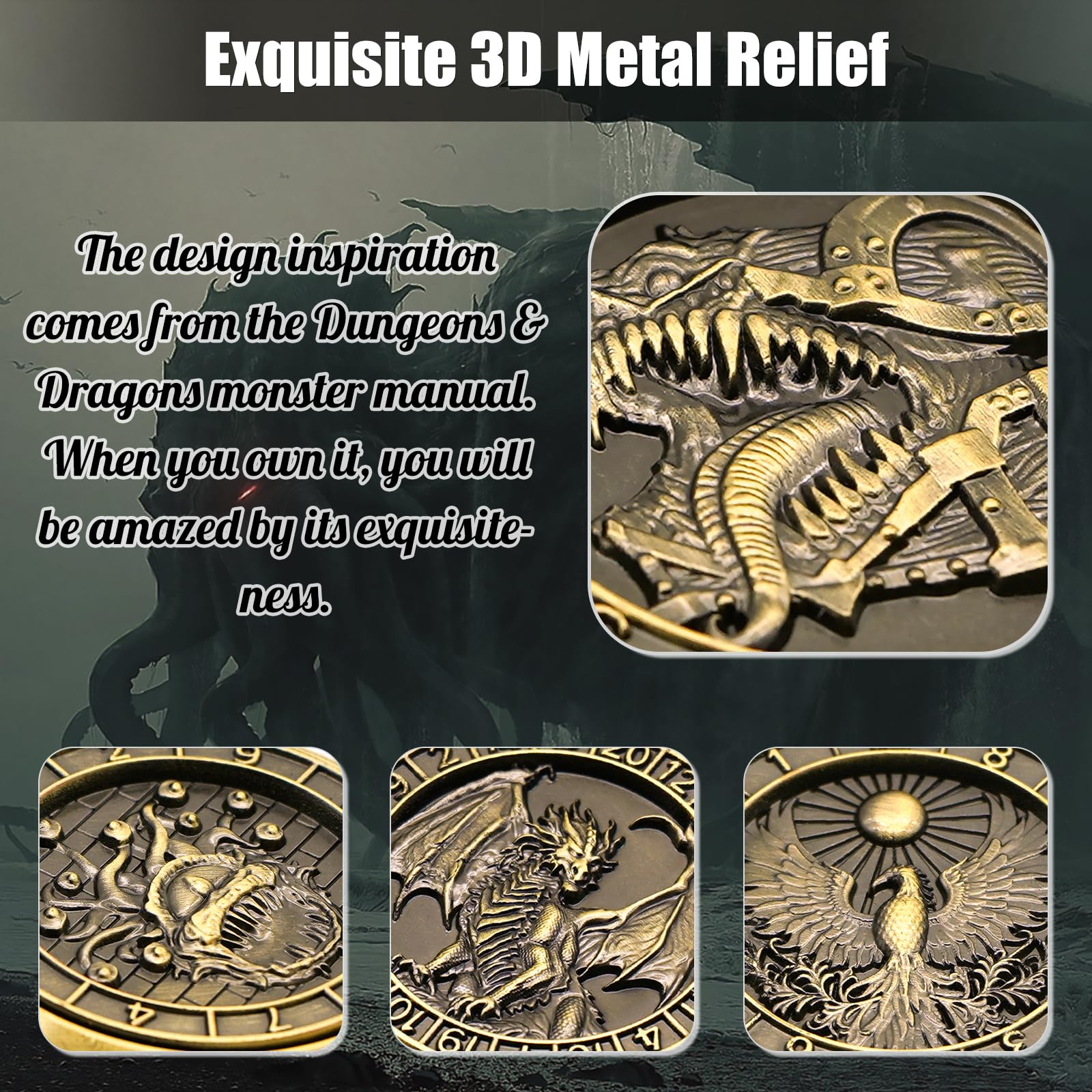 DND Spinner Dice, 7 in 1 Unique Metal Dice Set with 3D Relief for Dungeons and Dragons Gifts, Cool Polyhedral Role Playing Game Dice, Fantasy D&D Tabletop RPG Accessories for DM & Player (Black)