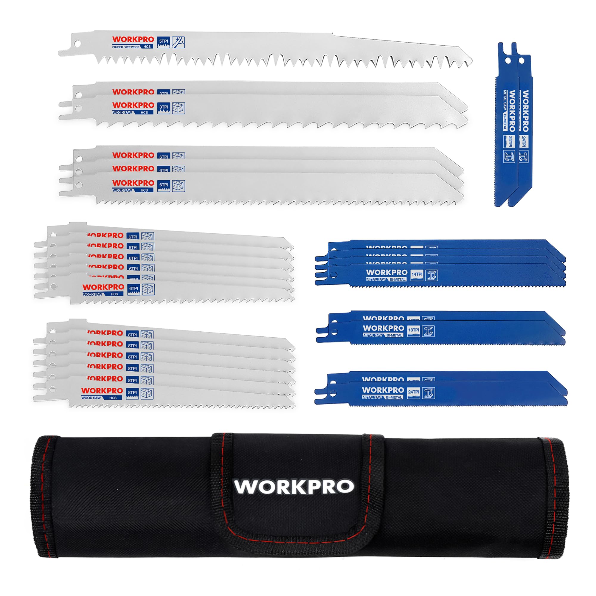 WORKPRO 32-Piece Reciprocating Sabre Saw Blades Set for Wood & Metal, with Organizer Pouch, Fits Most Reciprocating Saw