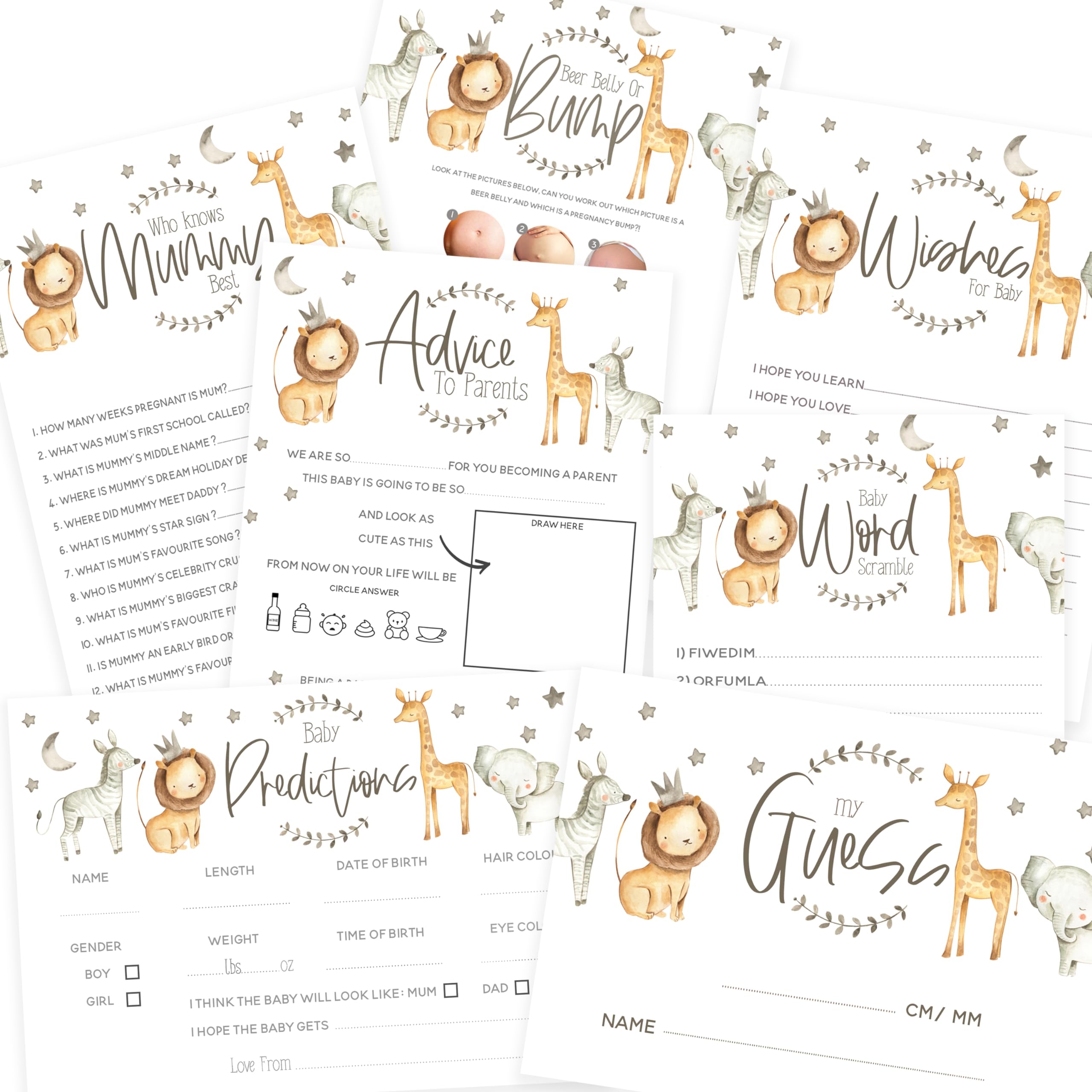 The Little Party Company Baby shower Games - Safari Theme Ultimate Value Bundle Game Pack- 7 Games in 1 pack-Neutral Baby shower games-Cute Safari Design (CotSer7in1)…