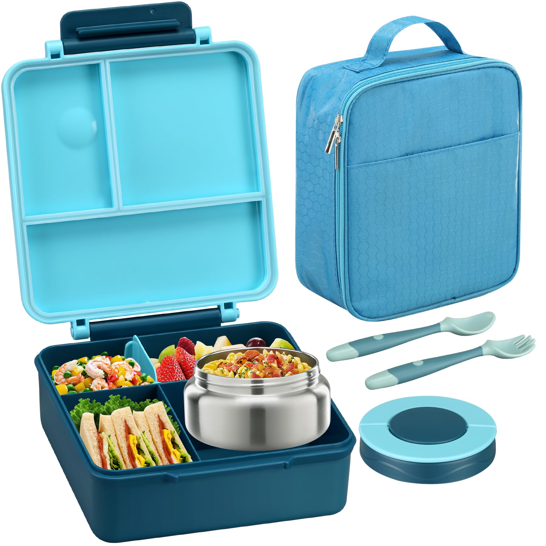 Photo 1 of Bento Lunch Box for Kids with 8oz Soup Thermo&Lunch Bag, Leak-Proof Lunch Food Containers with 4 Compartment, Hot Food Insulated Food Jar for Kids School (Blue)