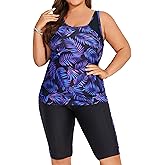 Hanna Nikole Women's Plus Size Tummy Control Tankini Swimsuits Color Block Bathing Suits with Shorts Knee Length