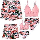 Family Matching Solid Scallop Trim Strappy Two-Piece Swimsuit and Allover Floral Print Swim Trunks Shorts