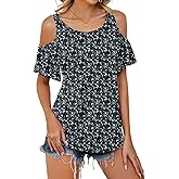 Micoson Cold Shoulder Tops for Women Summer Cute Short Sleeve Blouse Ladies Floral Ruched Shirts Classic Tunic S-3XL
