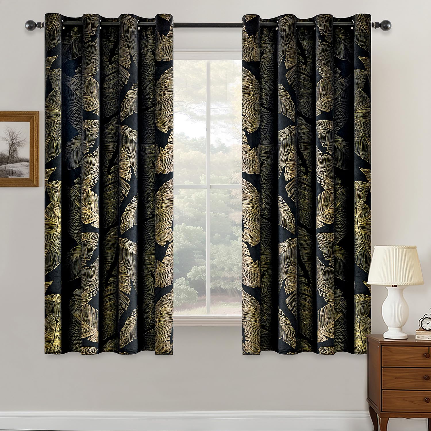 MIULEE Velvet Curtains with Gold Foil Leaves Pattern, 2 Pieces Black Velvet Curtains with Eyelets, Each 46 x 54 Inch, Room Darkening Curtain Drapes for Classical Living Room Bedroom