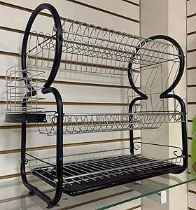 Escurridor de Platos con Charola y Porta Cubiertos de 3 Niveles (Negro