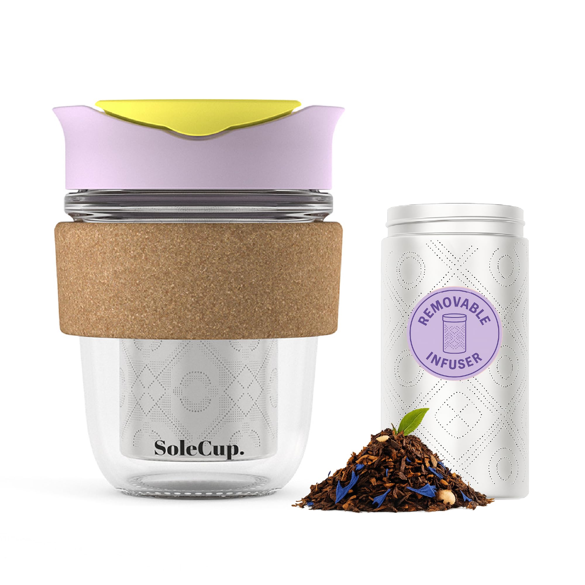 SoleCup. Travel Mug Loose Tea Infuser - Detachable Tea Strainer with Spillproof Lid - BPA-Free Reusable Glass Travel Coffee Cup with Cork Band (Ice Cream, 340ml / 12oz)