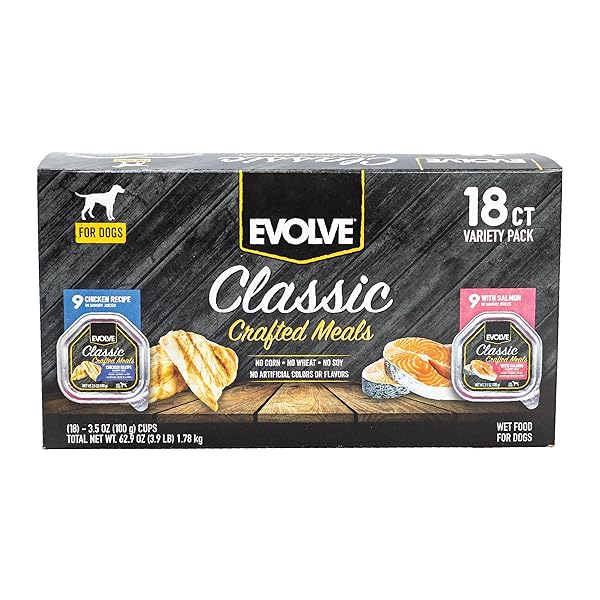 EVOLVE CLASSIC CRAFTED MEALS VARIETY PACK CHICKEN RECIPE & WITH SALMON WET DOG FOOD | 3.5 OZ – 18 PACK