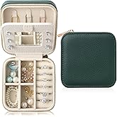 NGVRC Genuine Leather Travel Jewelry Organizer Case with Mirror for Women, Small Mini Portable Jewelry Box for Earring, Ring, Necklace, Bracelet(Forest Green)
