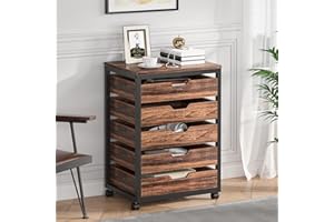 Tribesigns 5 Drawer Chest, Wood Storage Dresser Cabinet with Wheels, Industrial Storage Drawer Organizer Cart for Office Bedroom Entryway (Rustic Brown, 1 PC)