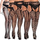 SOUTHRO 5 Pairs Fishnet Thigh High Garter Stockings Patterned Tights for Women,Garter Belt Set & Suspender Pantyhose for Girl