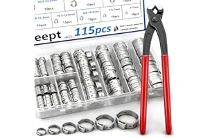 Seept 115Pcs 10-Sizes 304 Stainless Steel Single Ear Hose Clamps with Ear clamp plier 6-28.6mm Crimp Hose Clamps Assortment K