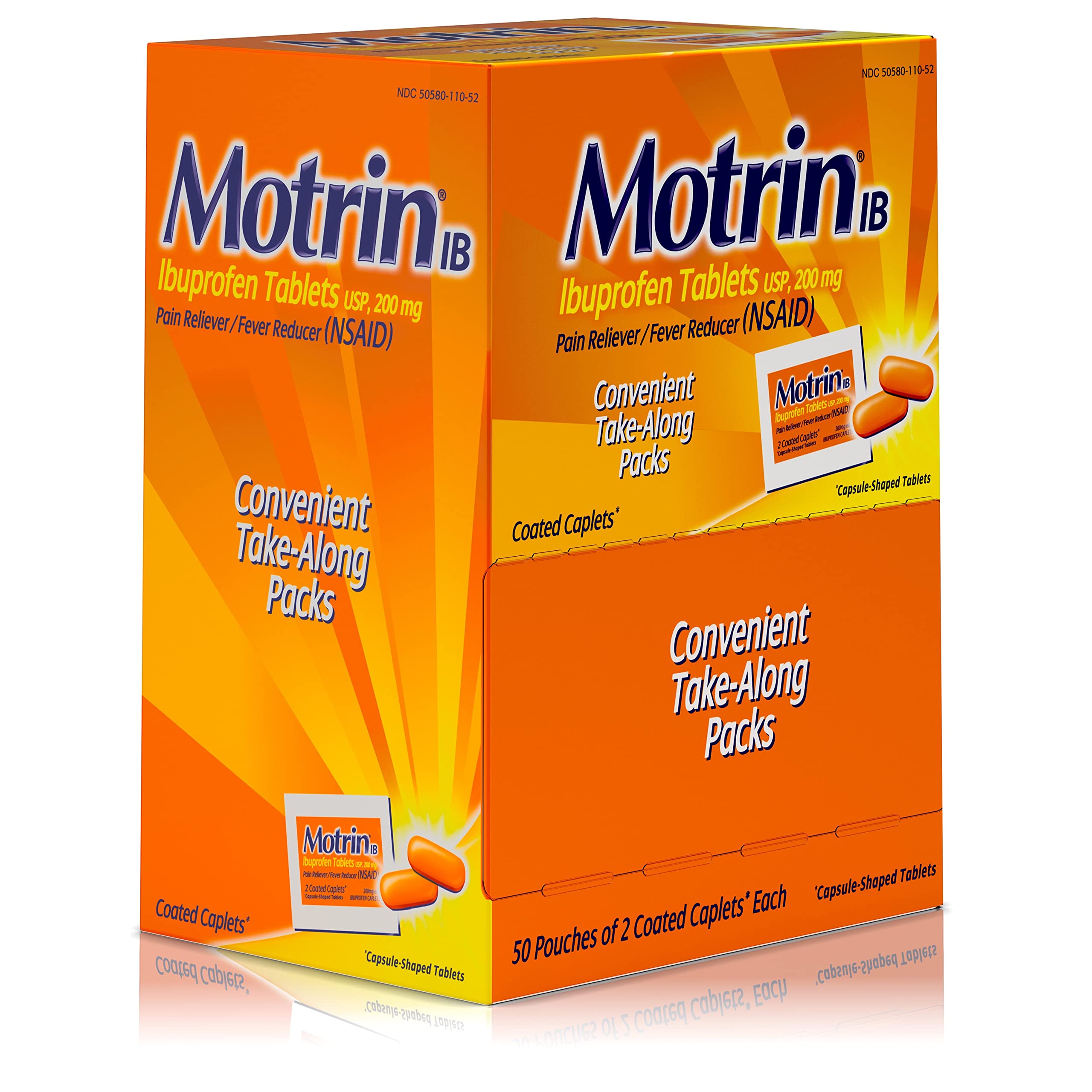 Motrin IB, Ibuprofen 200mg Tablets, NSAID Pain & Fever Reliever for Headache, Backache, Muscular Aches, Arthritis Pain Reliever, 50 Travel Packets of 2, 100 ct