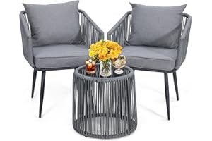 Kromax 3 Pieces Patio Rattan Bistro Conversation Set, Outdoor All-Weather Wicker Furniture Chairs and Side Table Set Ideal for Balcony, Porch and Backyard, Grey
