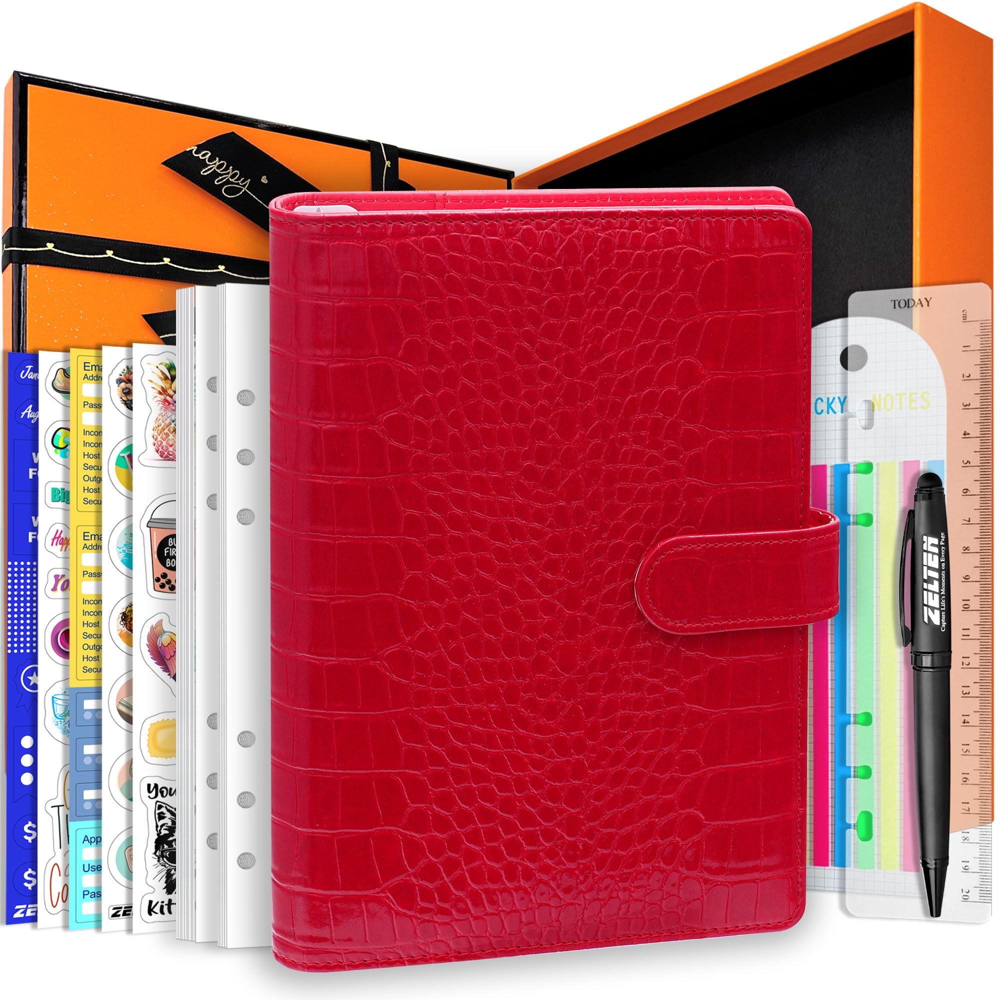 Zelten PU Leather Personal Notebook Planner with 67 Pages Loose-Leaf Papers 6 Holes Ring Binder Pen Holder Magnetic Buckle (Red Crocodile Pattern,A5 Gift Box) — image 1