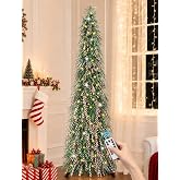 Obralitic 6 FT Shaggy Pop Up Christmas Tree with 100 Timer Lights and Remote, Candy Collapsible Artificial Tinsel Christmas Pencil Tree for Home Apartment Office Holiday Party Decor, Easy Assembly