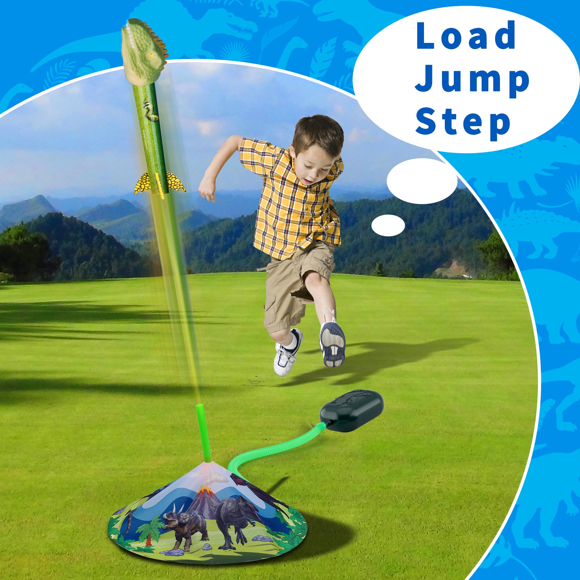 Dinosaur Toy Rocket Launcher for Kids - Launch Up to 100 Ft, 4 Rockets, Outdoor Outside Toys for Kids, Dinosaur Toys, Birthday Gifts for 3 4 5 6 7 8-12 Year Old Boys Girls