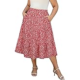 Younrui Women's Plus Size Casual Summer Midi Skirt with Pockets 1X-4X Tiered Lightweight A-line Skirts