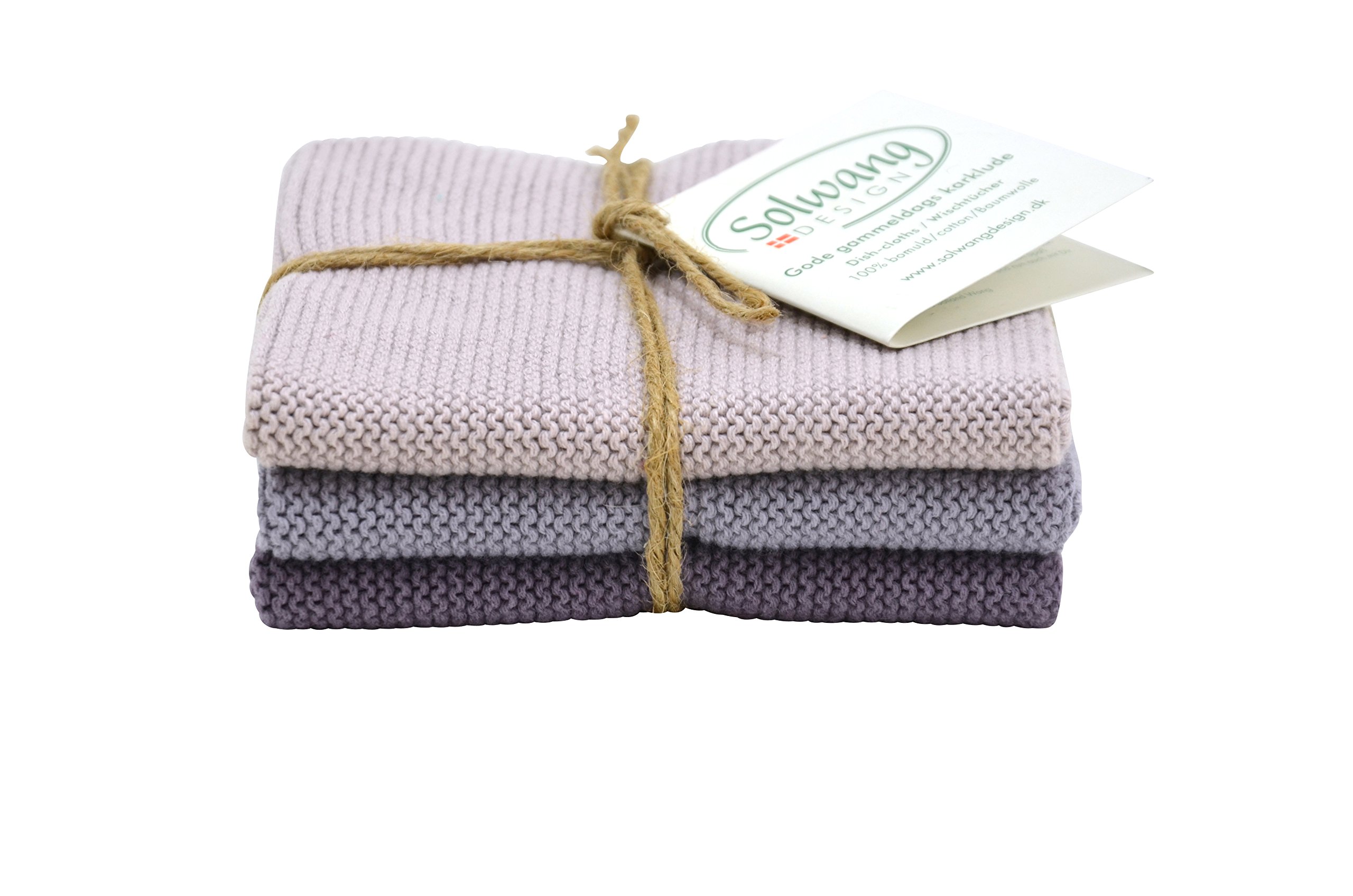 Solwang Set of Three Knitted Cotton Dish Cloths, Shades Of Dusty Purple