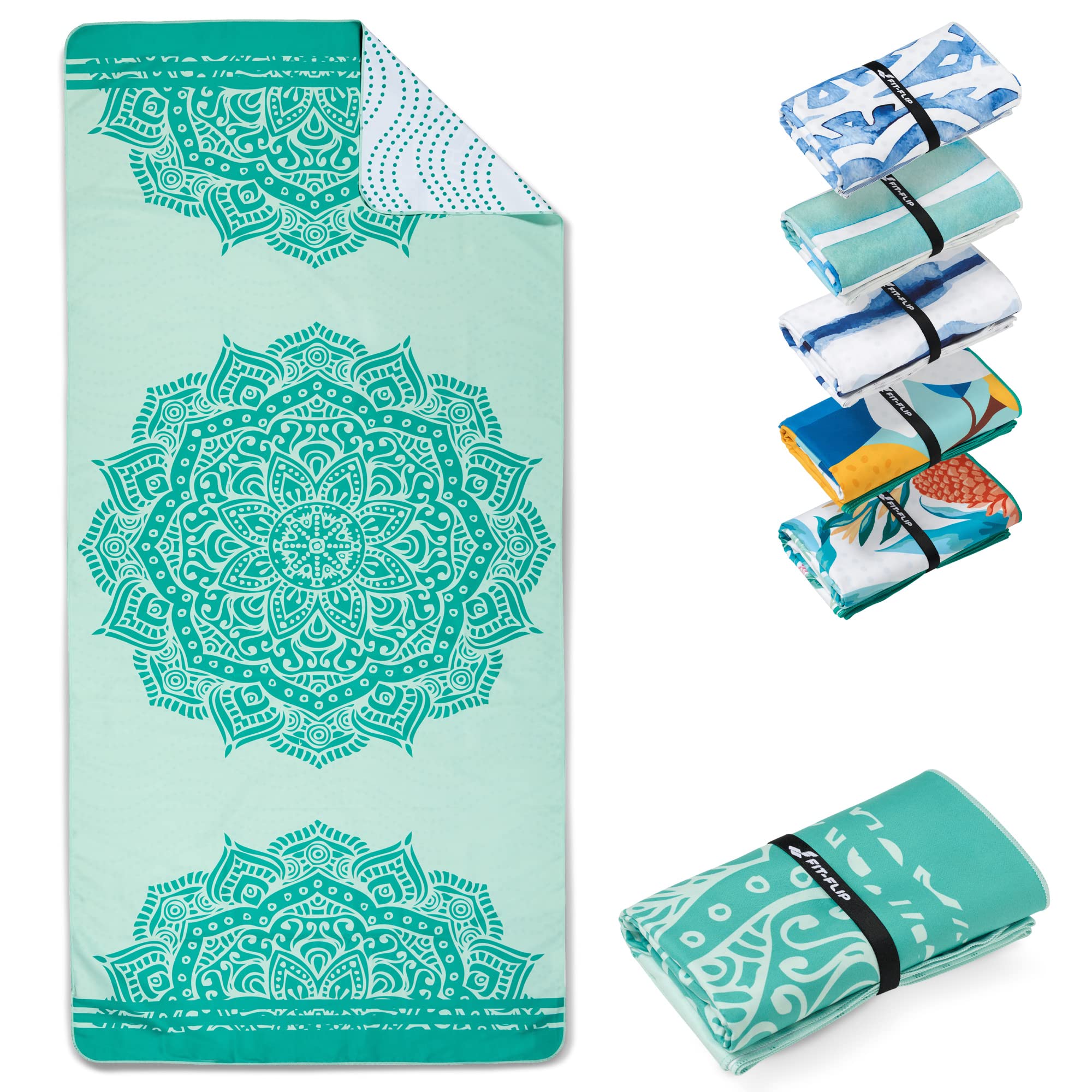 Fit-Flip Beach towel microfibre - large quick dry towels - for travel and swimming - lightweight, compact and super absorbent - sand free, 100% recycled - Mandala 160x90cm