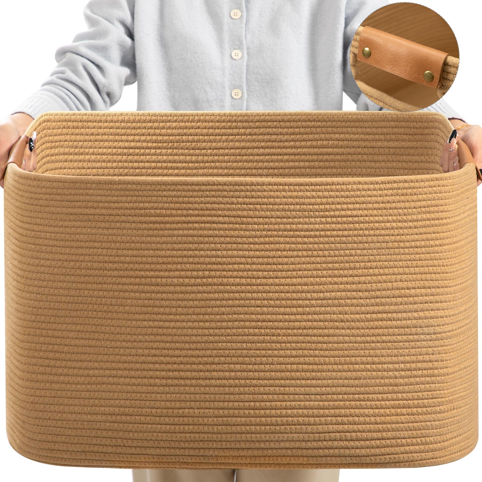 Photo 1 of danpinera 108 L Blanket Basket for Living Room, Toy Basket With Leather Handle, Large Storage Bins for Toys, Pillows, Clothes, Rectangle Large Cotton Rope Basket, 25’’*16’’*16’’ Jute
