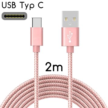 TheSmartGuard | USB-C Kabel auf USB 2.0 | Nylon Ladekabel mit USB-Typ-C-Anschluss | Länge: 2 Meter / 2m | Farbe: Rose-Gold