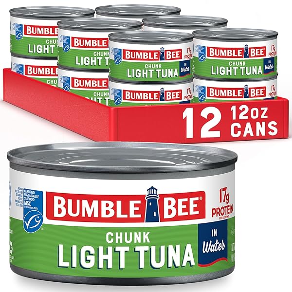 BUMBLE BEE CHUNK LIGHT TUNA IN WATER, 12 OZ CAN (PACK OF 12) – WILD CAUGHT SKIPJACK TUNA – 17G PROTEIN PER SERVING – MSC CERTIFIED SUSTAINABLE SEAFOOD, NON-GMO, GLUTEN FREE, KOSHER