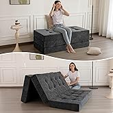 MAXYOYO 6" Folding Sofa Bed for Floor, Tufted Tri-Fold Floor Mattress | Twin Size Portable Sofa Couch Guest Mat with Chenille Fabric for Adults, Foldable Topper for Camping, Dark Grey, Twin