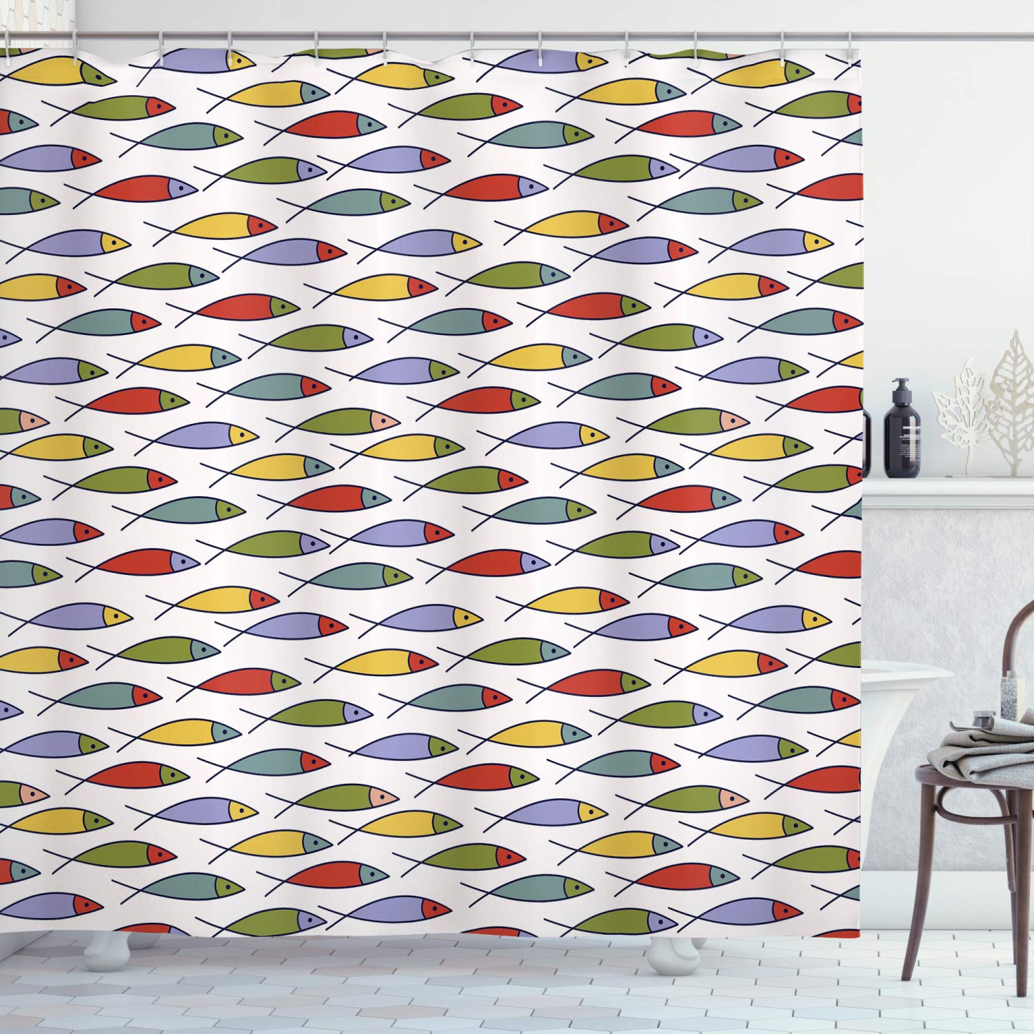 ABAKUHAUS Underwater Shower Curtain, Simplistic Floating Fish Forms in Row Kids Aquatic Underwater Animal Design, Cloth Fabric Bathroom Decor Set with Hooks, 70 Inches, Multicolor