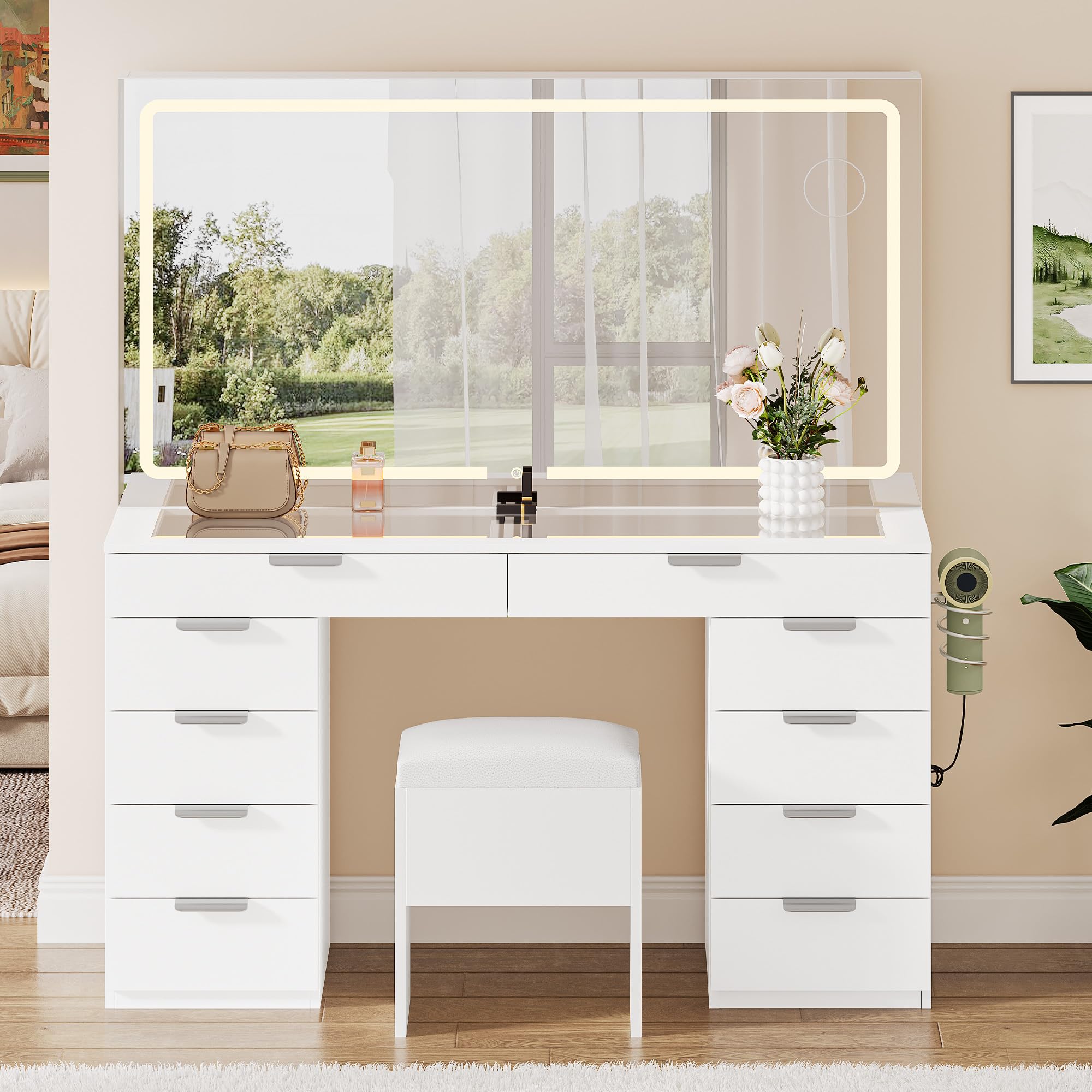Photo 1 of **********FOR PARTS ONLY-Broken mirror, no hardware and some damaged pieces***********
YITAHOME Vanity Set, Makeup Vanity Desk with Adjustable LED Mirror, Power Outlets, 10 Drawers, Magnifying Glass, Tempered Glass Top, Hairdryer Holder, Stool for Bathroo