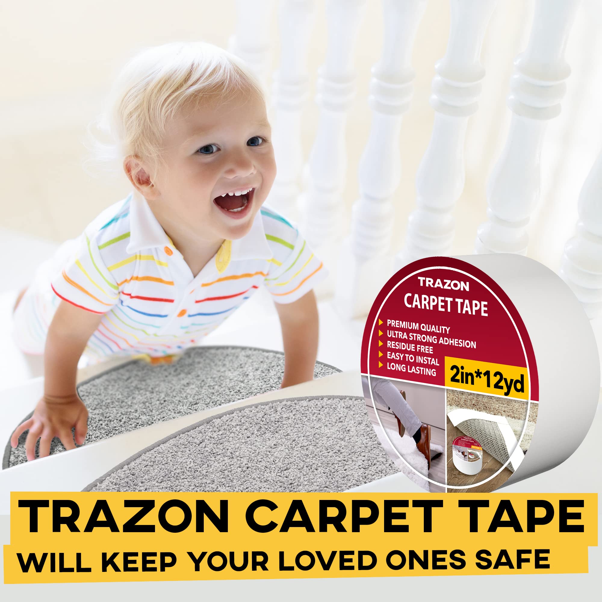 Carpet Tape Double Sided - Rug Tape Grippers for Hardwood Floors and Area Rugs - Carpet Binding Tape Strong Adhesive and Removable, Heavy Duty Stickers Grip Tape, Residue Free (2 Inch / 12 Yards)