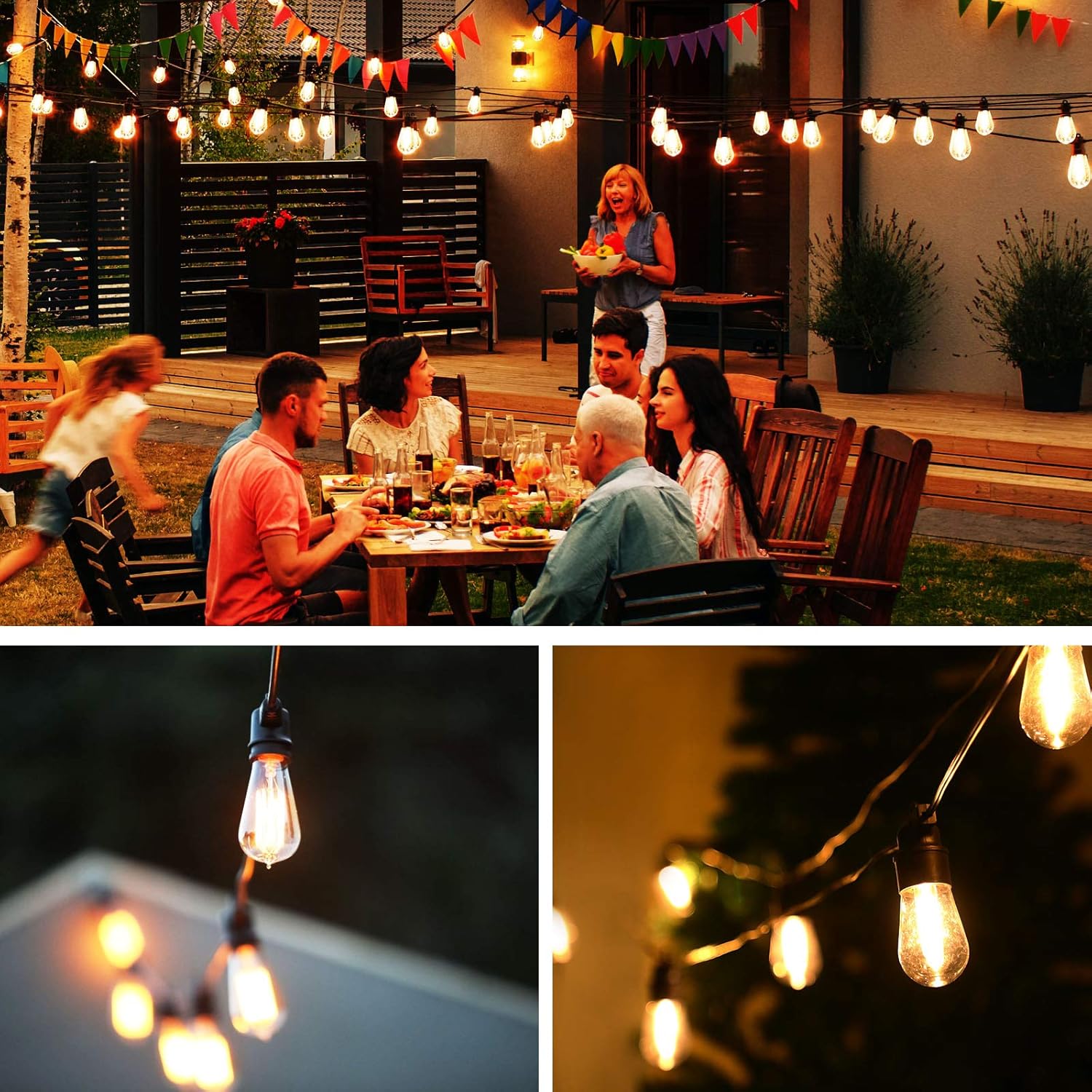 AMSIKE LED Outdoor String Lights 48ft Patio Lights with 16 Bulbs(1 Spare) 2700K Shatterproof Waterproof Plastic Bulbs UL Listed Heavy-Duty Decorative LED Lights for Patio Bistro Backyard Porch Garden - - 