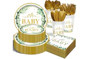 OUNIY Sage Greenery Baby Shower Party Supplies - 350 PCS Gender Neutral Disposable Dinnerware Set (50 Guest) with OH Baby Paper Plates and Cups and Napkins Sets for Baby Girl Boy Shower Decorations