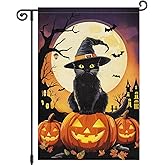Louise Maelys Halloween Garden Flag Black Cat Witch Hat Pumpkin 12x18 Inch Double Sided Boo Moon Holiday Seasonal Fall Autumn Small Burlap Yard Sign Outside Outdoor House Decoration