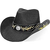 WQWOVRVO Cowboy Hat,Cowgirl hat,Brown/Black Cowboy Hats for Women Men Straw Wide with Shapeable Brim Cowboy Hat for Womens