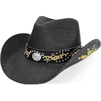 6322 Cowboy Hats For Women Black Cowgirl Hats Classic Woven Embroidered Straw Vamuss Straw Cowboy Hat W/Vegan Leather Band & Beads  main image 4