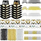 Syhood 96 Pcs New Years Eve Party Supplies 2026 for 24 Guest Includes 12 Black Top Hats 12 Happy New Year Headband Tiara 24 Paper Glasses 24 Metallic Fringed Noise Makers and 24 Bead Bracelet
