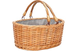 TWENTYNEXT Wicker Picnic Basket with Double Folding Handles, Small Natural Willow Hamper Empty Basket Cheap Easter Eggs Candy Storage Wine Basket for Toy, Flower, Wedding（Grey 13inch）