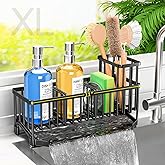TomCare Extra Large 11'' Sink Caddy With Drain Tray Non-slip Kitchen Sink Organizer With 2 Adjustable Dividers High Brush Holder Rustproof Sponge Holder Kitchen Storage Accessories for Counter