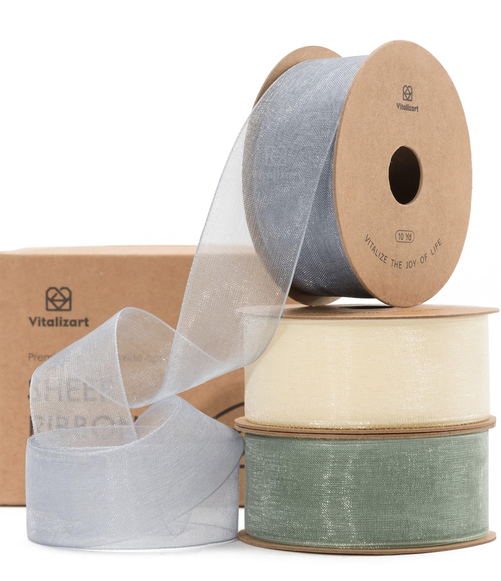 Vitalizart White & Blue & Green Organza Ribbon, 1'' x 30YD (3 Rolls*10YD), Sheer Fabric for Crafting, Wide Gift Ribbon for Gift Wrapping, Christmas Tree, Decoration, Bows, Wedding Invitations
