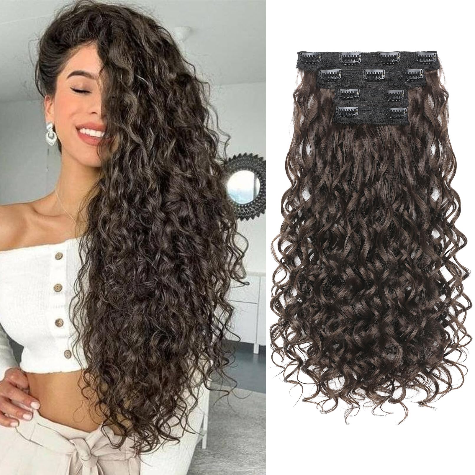 Photo 1 of REECHO Curly Hair Extensions, 4PCS 20 inch Clip in Hair Extensions Lace Weft Short Curly Extensions Clip Ins Invisible Natural Hairpieces for Women, Chocolate Brown