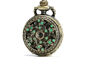 SEWOR Delicate Pendant Quartz Pocket Watch Green Enamel Flower Bronze Case