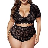 Plus Size 2 Piece Lingerie Set for Women Sexy Deep V Allover Lace Bra and Panty High Waist Nightwear Clubwear