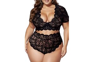 JuicyRose Plus Size 2 Piece Lingerie Set for Women Sexy Deep V Allover Lace Bra and Panty High Waist Nightwear Clubwear