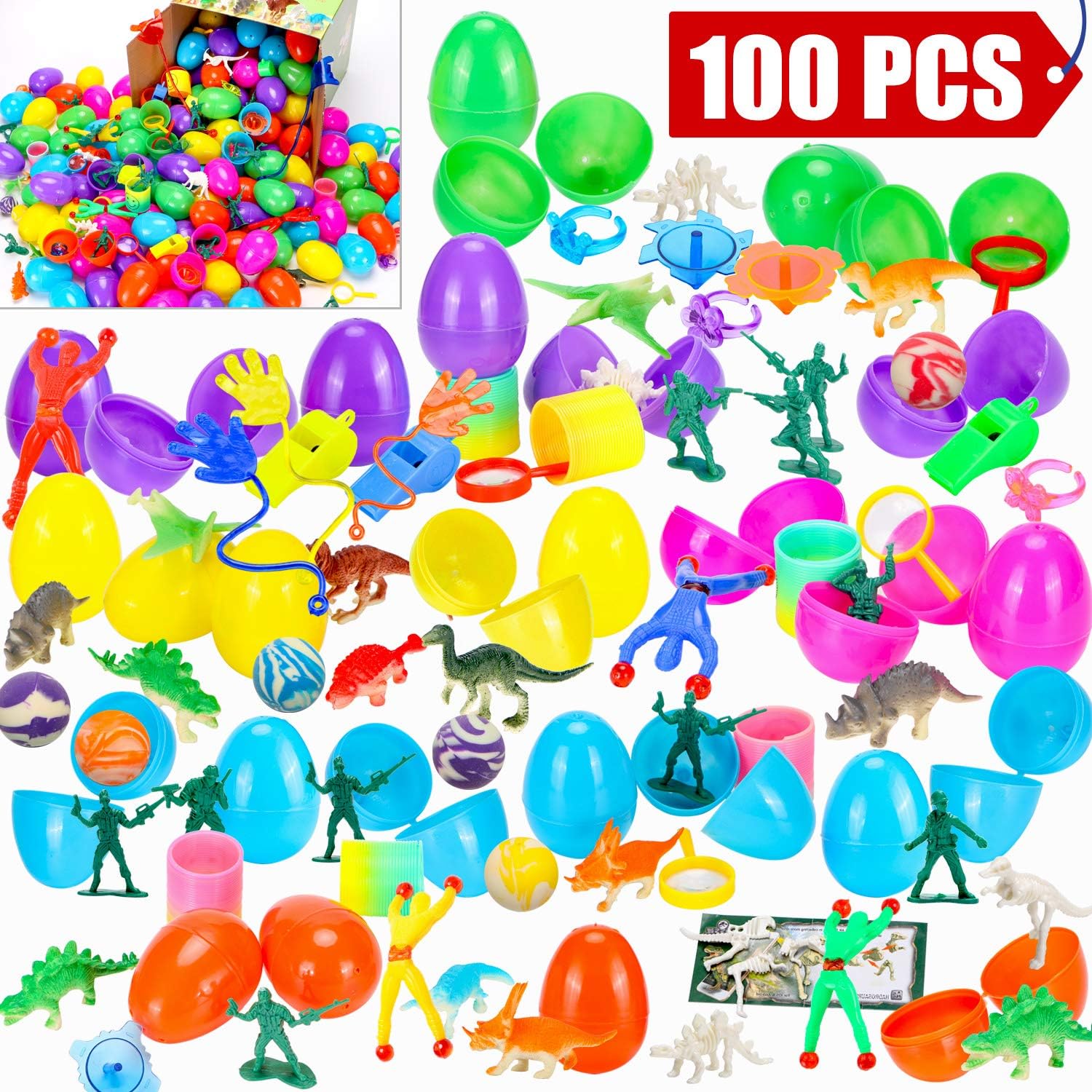 Sizonjoy 100 Pack Filled Easter Eggs with Toys,Bright Colorful Prefilled Plastic Surprise Eggs-Perfect for Kids Easter Egg Hunt Party Favors (100pas)