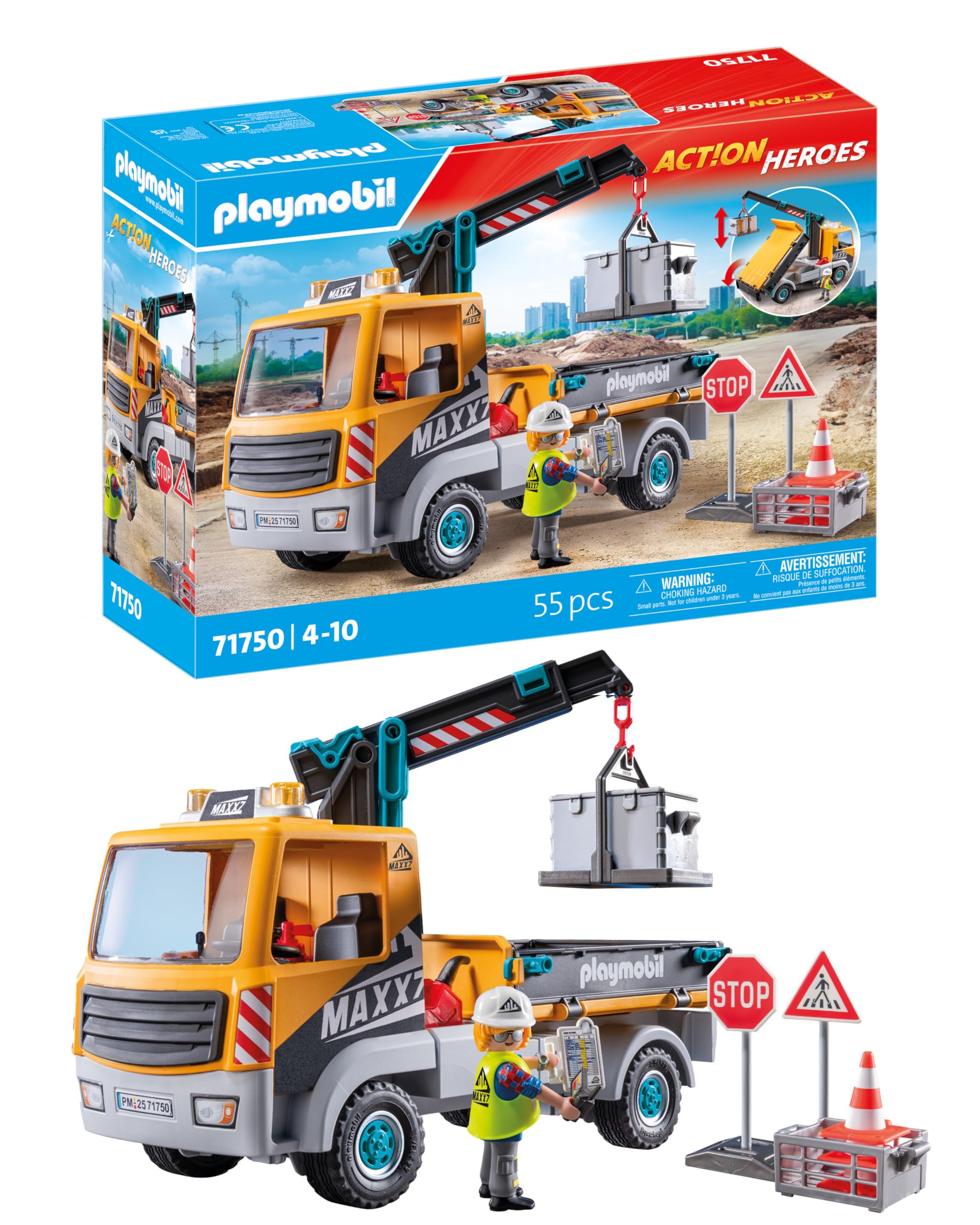 Playmobil | Action Heroes | Construction Lorry with Crane | Construction Toy for Kids | Construction Playset | Toys for Children Aged 4+ | 71750