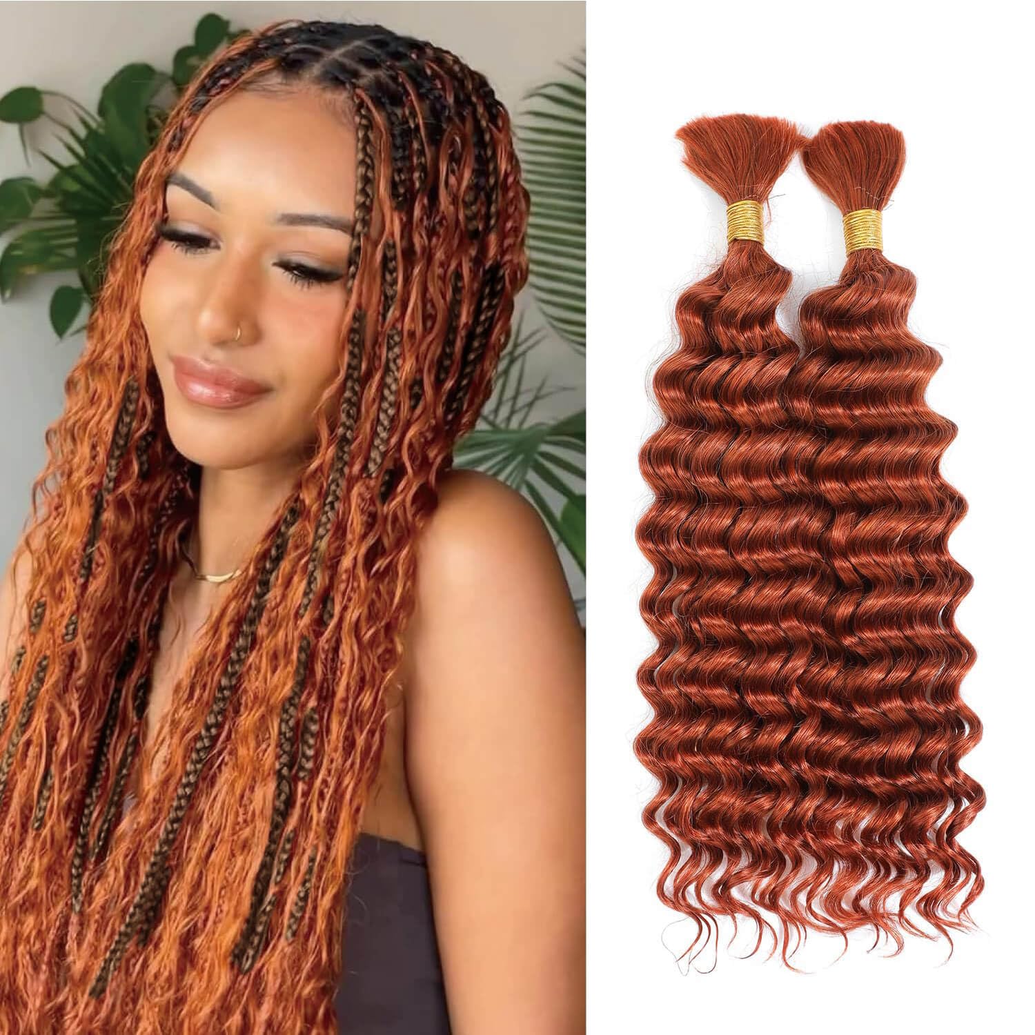 Flyroseing Ginger Orange Goddess Braids Extensions Hair, Boho Braids Human Hair Extensions Deep Wave Bulk for Braiding Hair to Make Knotless Goddess Boho style, 2 Bundles 100g No Weft (18 Inch, 350) — image 1