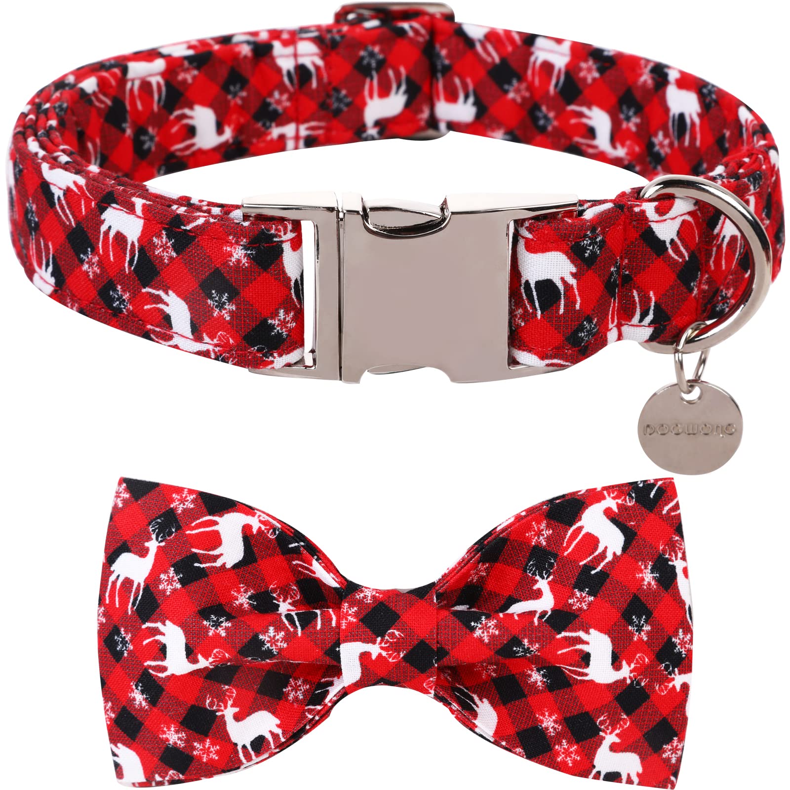 DOGWONG Christmas Dog Collar with Bow tie, Red Plaid Deer Dog Collar Soft Durable Adjustable Cotton Puppy Collar for Small Medium Large Dog, L (40.64cm-60cm)