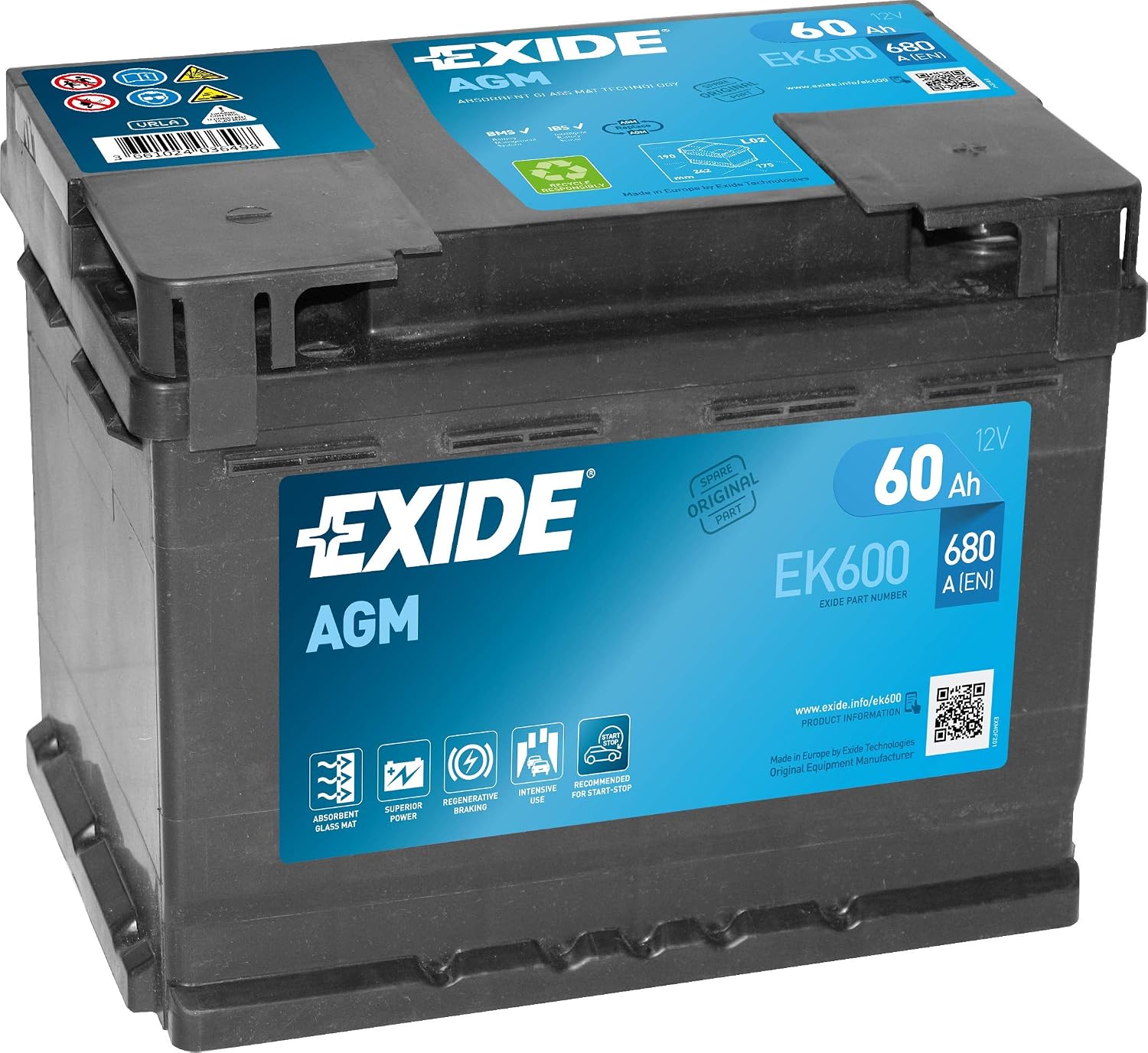 Car Battery EK600 12AV 60AH AGM Exide Start Stop,black,Large