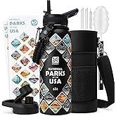 DYSANKY National Parks Water Bottle – 40 oz Insulated Stainless Steel Bottle with 63 Hand-Drawn Park Stickers, Carrier Bag, Strap & Gift Box – BPA-Free – Ideal for Hiking, Camping & Travel